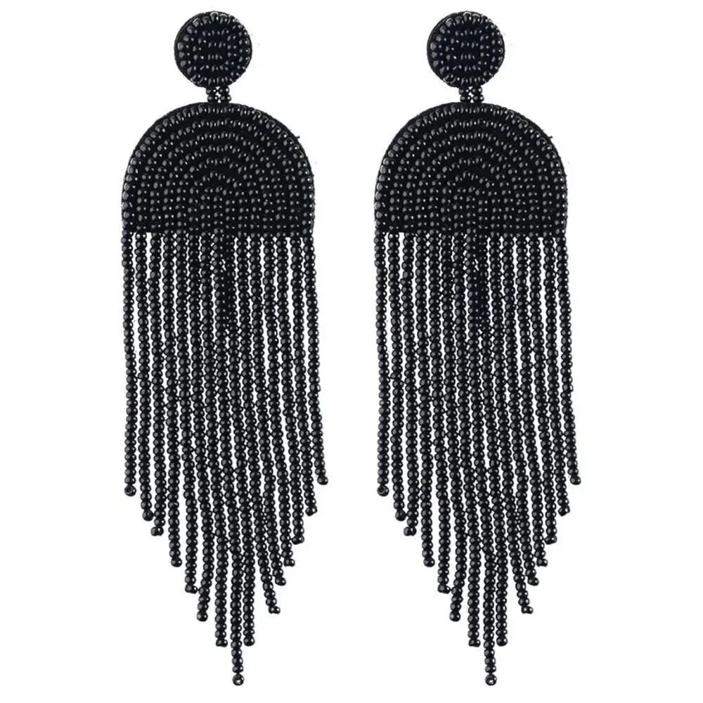 Long Boho Black Beaded Tassel Fringe Dangling Drop Fan Chandelier Post Earrings